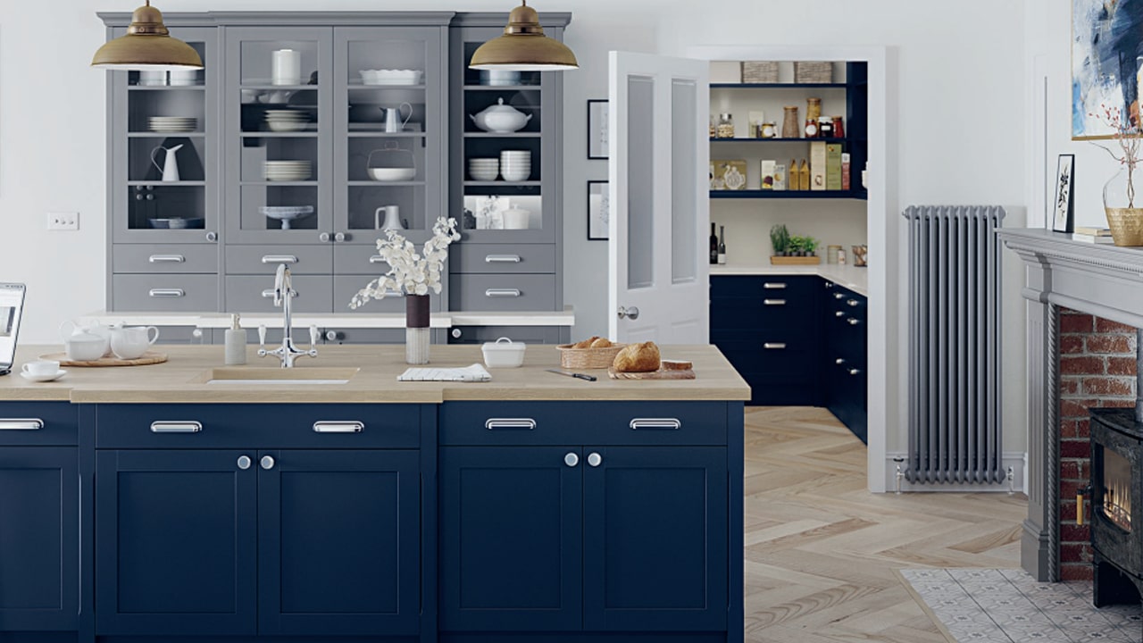 The dark blue Astbury kitchen.