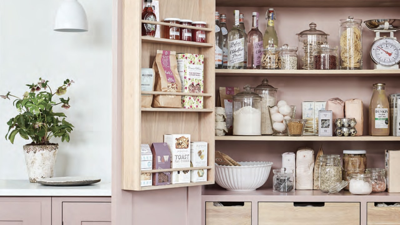 Suffolk kitchen pantry unit in light pink.