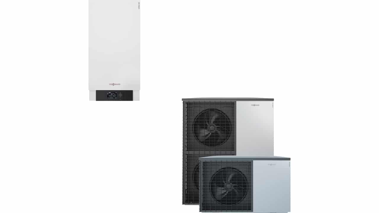 The Viessmann Vitocal 200-A air source heat pump outdoor units and indoor unit on a white background.
