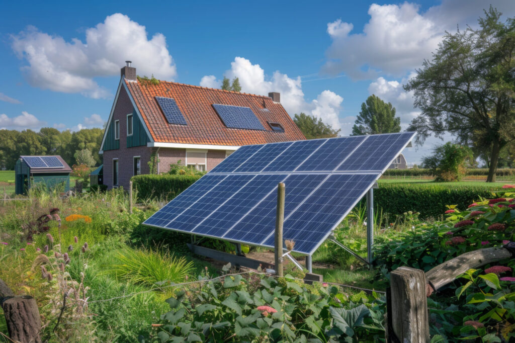 Image shows ground mounted solar panels in a garden, in front of a detached house that has solar panels on its roof.